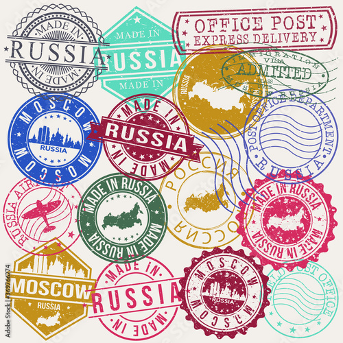 Moscow Russia. Stamp. Vector Art. Postal Passport. Travel Design Set. Postage.