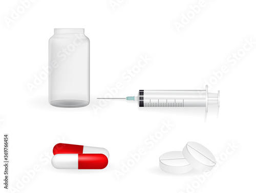 Naturalistic white tablets, capsules and ampoules, syringe and needle. Cure for diseases. Vaccine in pill. Vector Illustration