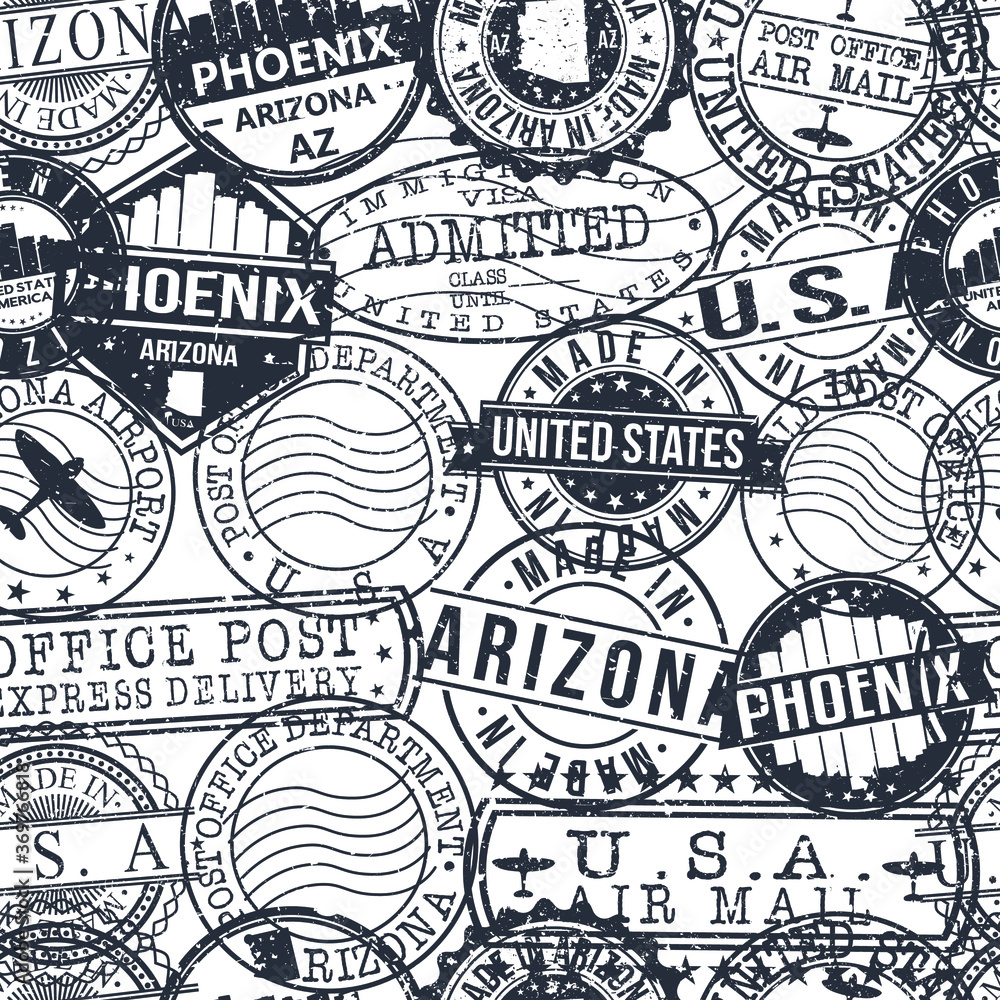 Phoenix Arizona Stamps. City Stamp Vector Art. Postal Passport Travel. Design Set Pattern.
