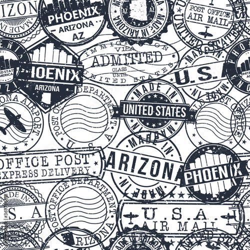 Phoenix Arizona Stamps. City Stamp Vector Art. Postal Passport Travel. Design Set Pattern.