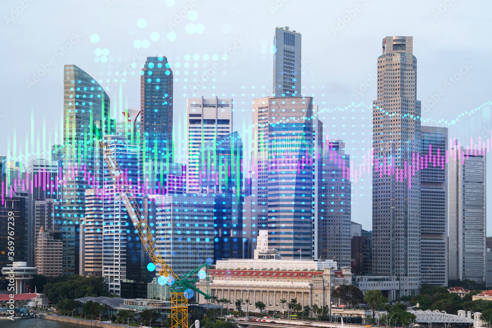 Obraz premium Financial stock chart hologram over panorama city view of Singapore, business center in Asia. The concept of international transactions. Double exposure.
