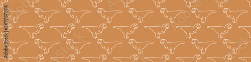 Seamless background cute Carnotaurus dinosaur gender neutral baby border pattern. Simple whimsical minimal earthy 2 tone color. Kids nursery decor edging fashion ribbon trim.