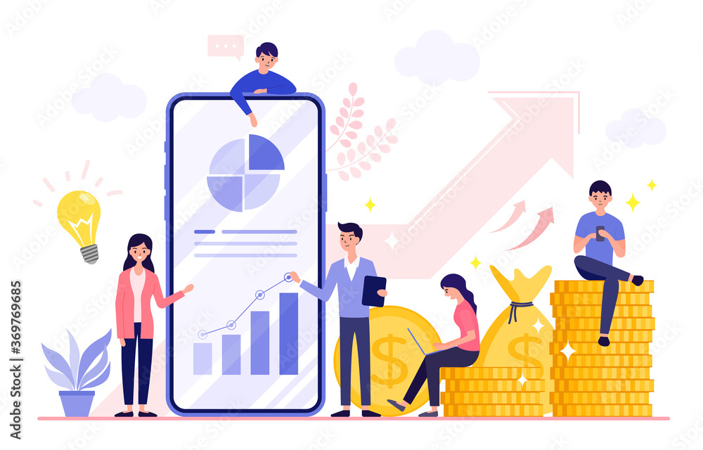 Increasing income and investment. Successful business that grows and generates huge financial profit. Business strategy and analytics. Pile of money, Gold dollar coins, Big phone. Vector illustration. Increasing income and investment. Successful business that grows and generates huge financial profit. Business strategy and analytics. Pile of money, Gold dollar coins, Big phone. Vector illustration.