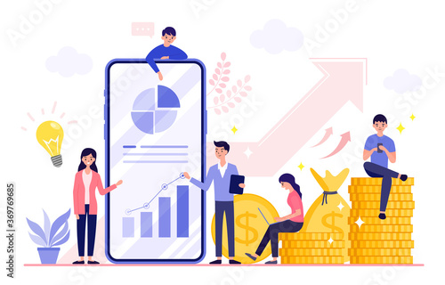 Increasing income and investment. Successful business that grows and generates huge financial profit. Business strategy and analytics. Pile of money, Gold dollar coins, Big phone. Vector illustration.