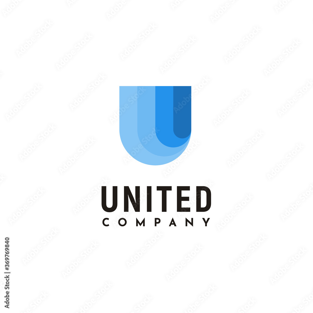 Initial Letter U with Layered Blue Color logo design for Unity United business