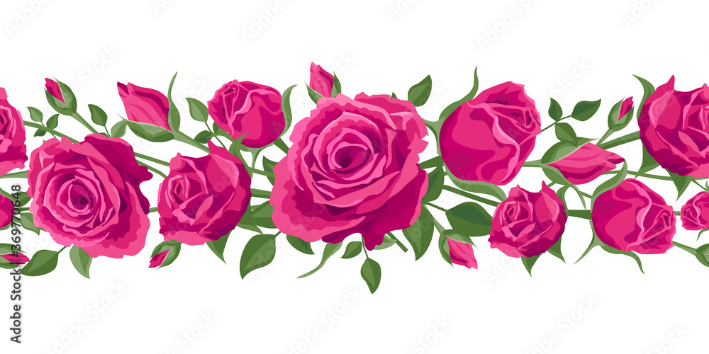 Seamless flower garland. Hot pink roses with leaves. Vector ...