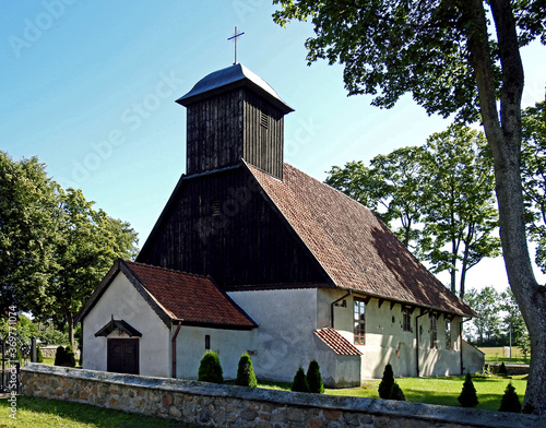 built in the eighteenth century, the Roman Catholic church dedicated to the Exaltation of the Holy Cross in the town of Kanigowo in Warmia and Masuria in Poland