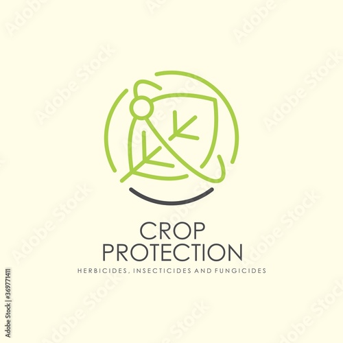 Crop protection logo with green leaf symbol in the middle of picture. Vector logotype sign for agricultural industry.