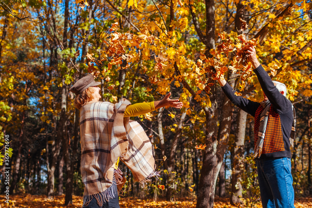 Fall season. Couple throwing leaves in autumn forest. Senior family having fun outdoors Fall season. Couple throwing leaves in autumn forest. Senior family having fun outdoors