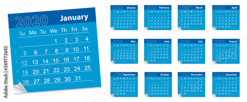 Calendar Leaf , year 2020. Vector Illustration. page with a calendar for the month.