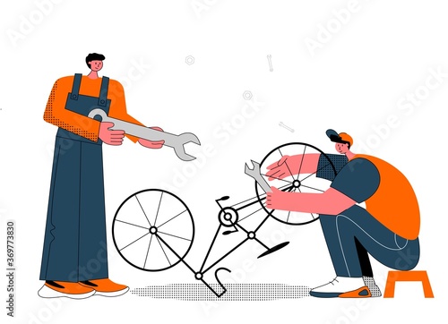 Bicycle repair male female mechanics service isometric set with tandem bike pump saddle wheels frame vector illustration © Helen