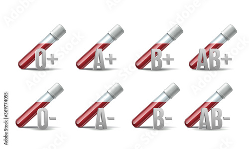 Set of Glassware tube filled blood with different characters human blood type.