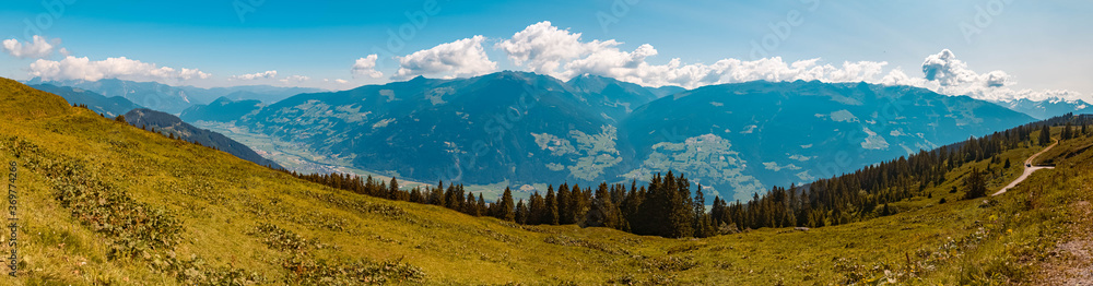 High resolution stitched panorama of a beautiful alpine view at the famous Zillertaler Hoehenstrasse, Ried, Zillertal, Tyrol, Austria
