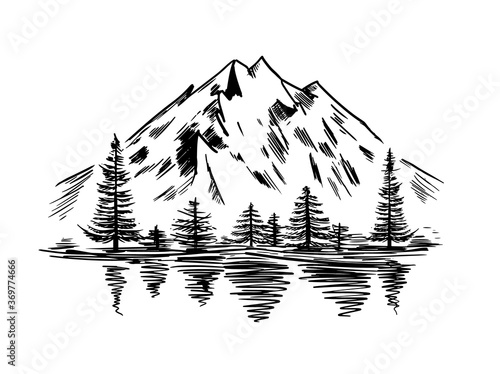 Mountain landscape with lake and firs. Hand drawn rocky peaks in sketch. Black on white vector illustration