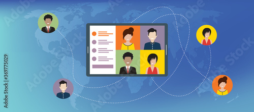 People in meeting by video conference working from home. Business discussion, web chatting, online meeting friends in video call. Group of people talking by internet in social distancing.