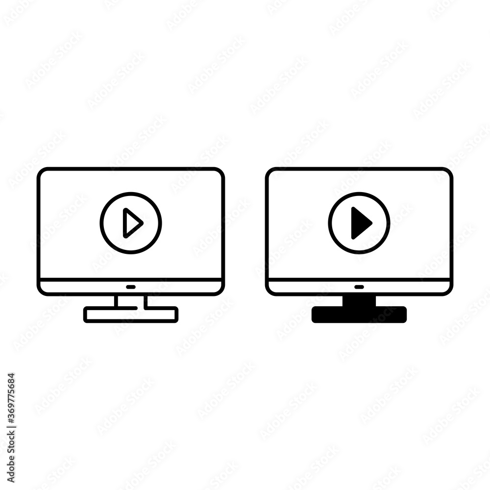 Monitor and play button outline and glyph icons Monitor and play button outline and glyph icons