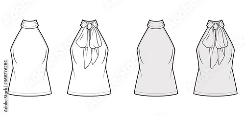 Halterneck top technical fashion illustration with semi-fitted body, ties pussy-bow at neck, sleeveless. Flat blouse apparel template front, back, white grey color. Women, men unisex shirt CAD mockup