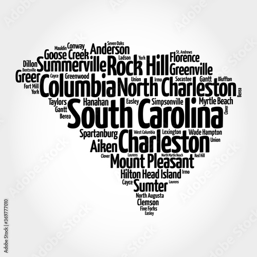 List of cities in South Carolina USA state, map silhouette word cloud, map concept background