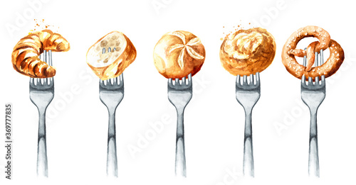 Fresh pastries on a fork. Concept of diet and healthy eating. Hand drawn watercolor illustration isolated on white background