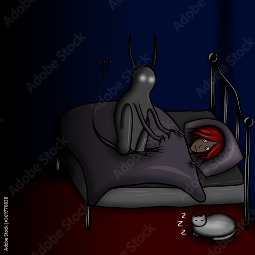 Fotografi Demon of sleep paralysis and girl