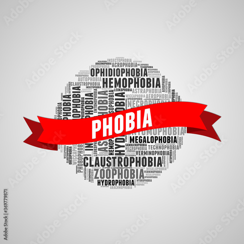 Word cloud of all major phobias over grey gradient background. photo