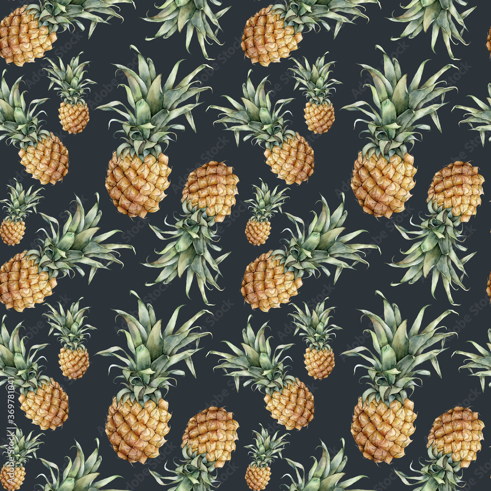 Watercolor seamless pattern with ripe pineapple. Hand painted tropical fruit with leaves isolated on black background. Botanical food illustration for design, print, fabric, interior or background. Watercolor seamless pattern with ripe pineapple. Hand painted tropical fruit with leaves isolated on black background. Botanical food illustration for design, print, fabric, interior or background.