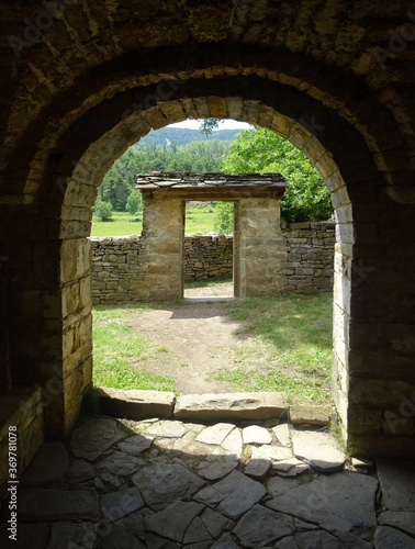 Main door of the Mozarab Romanesque Church of Santa Eulalia in the village of Sus  n. 11th century.  Serrablo Region. Arag  n. Spain. 