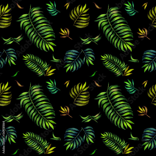 Watercolor colorful pattern with palm leaves. Black background.