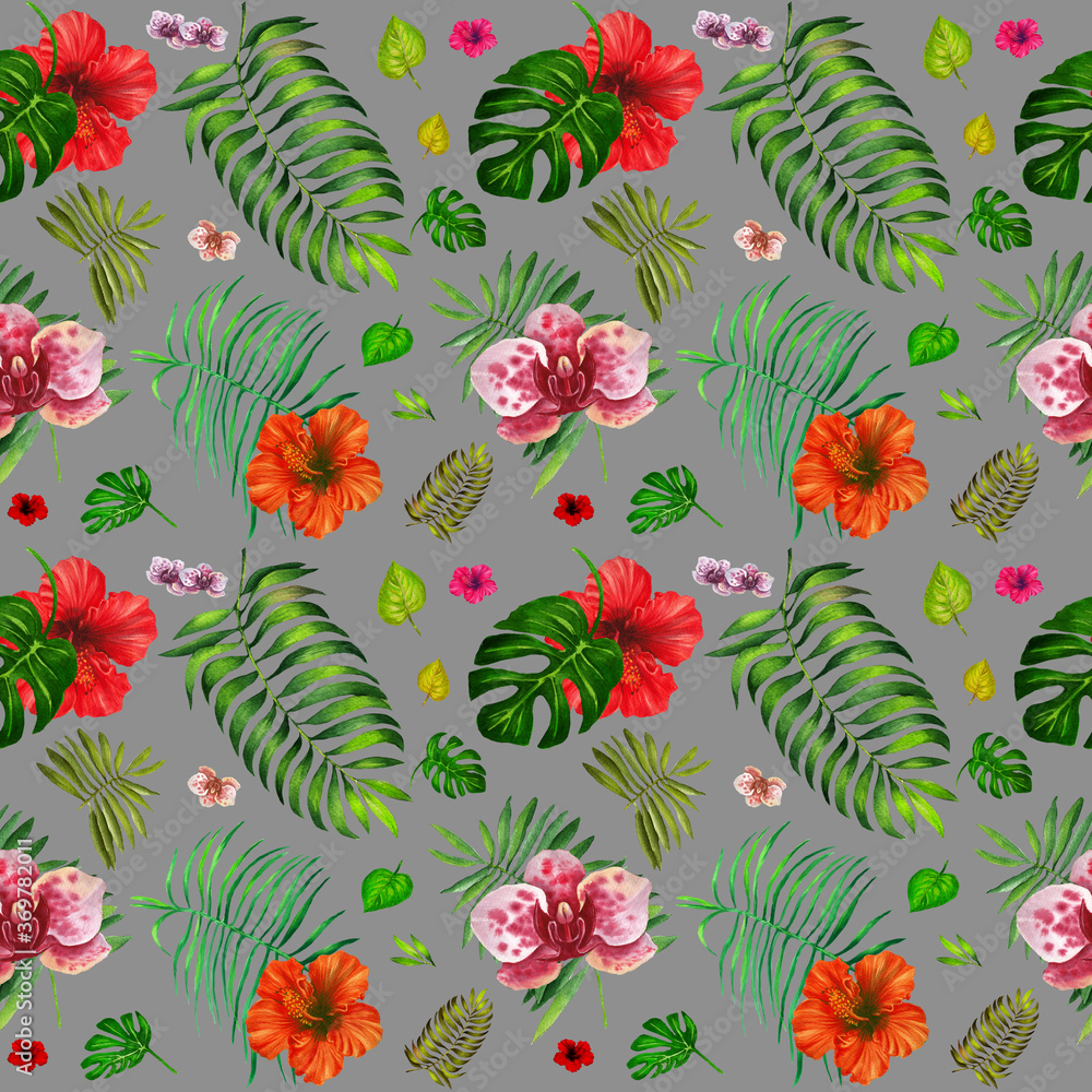  Watercolor colorful pattern with tropical flowers and palm leaves. Gray background