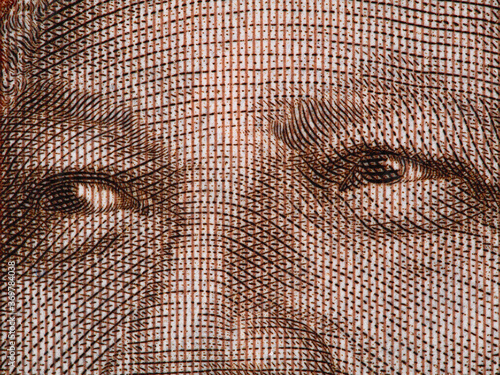 Nelson Mandela face on South African money 20 rand banknote extreme macro. Leader of African people and former president of South Africa, Nobel Prize Winner. photo
