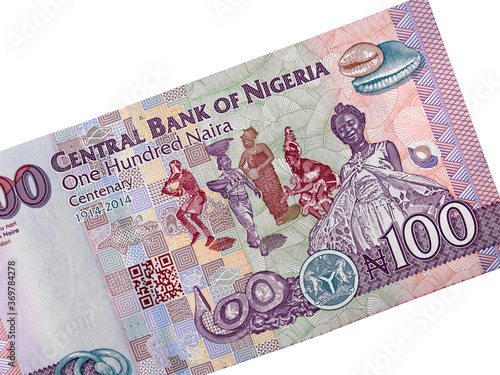 Nigeria 100 naira (2014) banknote isolated, Nigerian money closeup. Traditional african dancers. photo