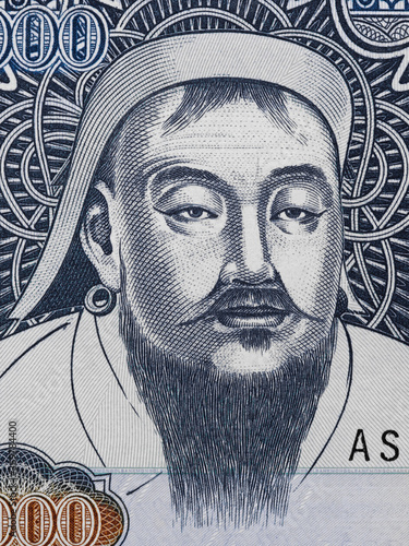 фотографія Genghis Khan portrait on Mongolia 1000 Tugrik banknote closeup macro