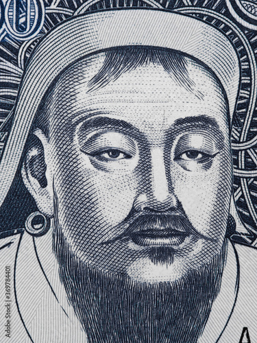 Photography Genghis Khan portrait on Mongolia 1000 Tugrik banknote closeup macro