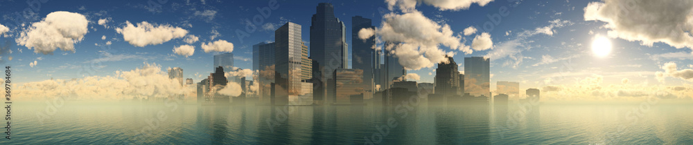 Beautiful panorama of the city on the seashore, skyscrapers above the water, 3D rendering