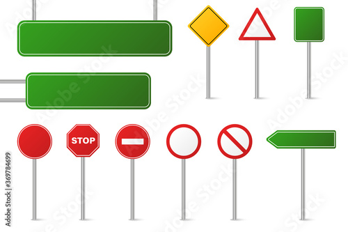 Set of different road signs isolated on a white background. Traffic and direction signs. Red, green and yellow. Speed limit. Stop. Vector collection.