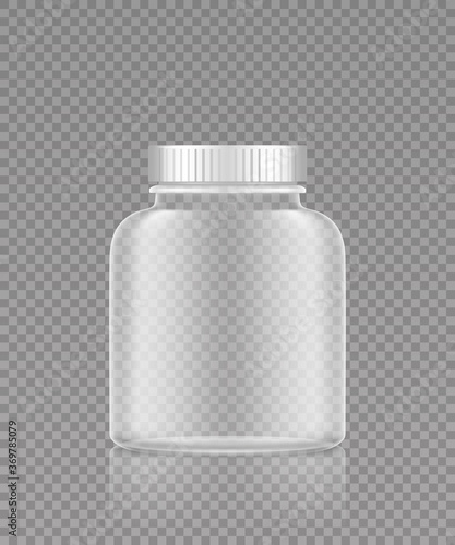 Empty transparent plastic bottle mockup for medicine pills or supplement. Package design. Blank medicine, sport or dietary nutrition, healthcare template. 3d realistic vector illustration