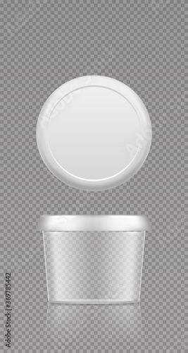 Empty transparent butter, cheese or margarine circle container with lid mockup - front and top view. Blank plastic food package cream, yogurt, dessert, spread. Product template. 3d vector illustration