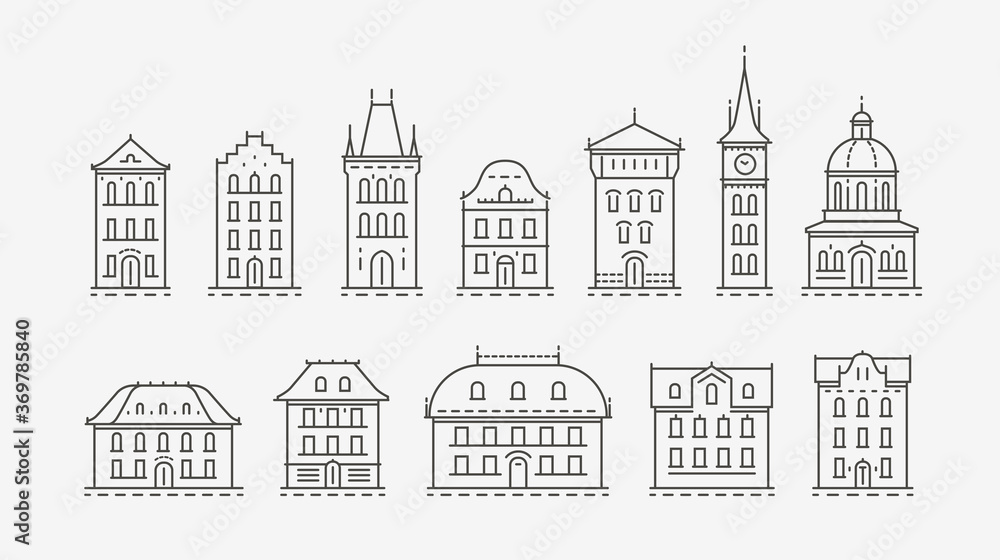 Buildings icon set, symbol. Architecture, city concept