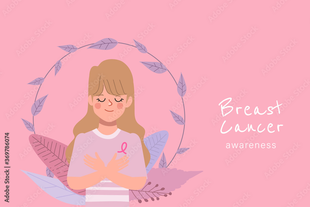 Breast cancer awareness ribbon with female hug her breast character. Breast cancer awareness ribbon with female hug her breast character.