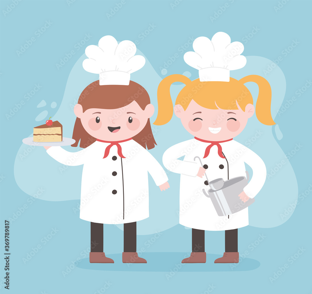 chefs girl cartoon character with pot ladle and cake chefs girl cartoon character with pot ladle and cake