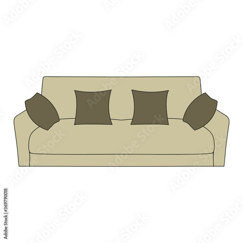 Beige sofa with brown pillows on a white background