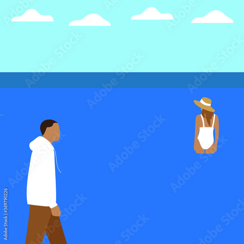 A female character stands in the water, and a male character goes along the shore