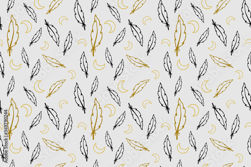 Black and gold outlined feather and moon vector seamless pattern. Ornament with outlined elements in boho style. Illustration for fabric, textile, wallpaper, wrapping paper, background and texture