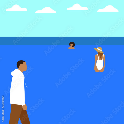 A male character walks along the water with bathing female characters