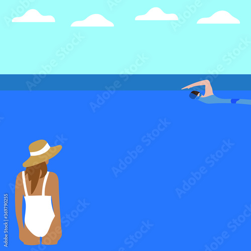 
A swimmer is swimming, and a female character in a swimsuit is looking at him