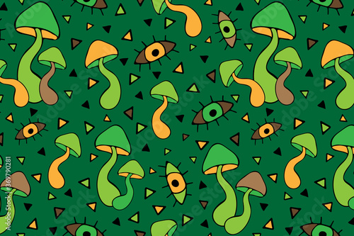 Green psychedelic vector seamless pattern with mushrooms and eyes. Grunge green illustration in 60s style. Hand drawn repeated background for  fabric, textile, wallpaper, wrapping paper, cover