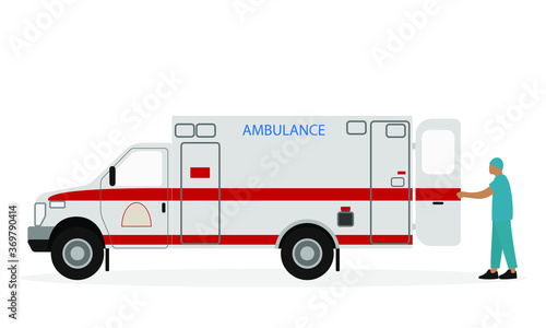 Orderly in uniform opens the back door of an ambulance