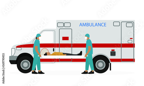Two orderlies in uniform and medical masks hold a stretcher with a female character on the background of an ambulance