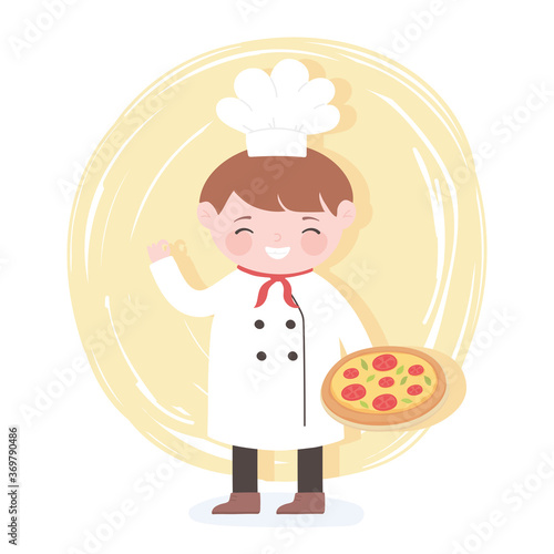 chef cartoon character holding pizza in hand