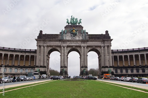 Triumphal Arch in Jubelpark or Parc du Cinquantenaire in European Quarter in the capital city of Belgium Brussels.